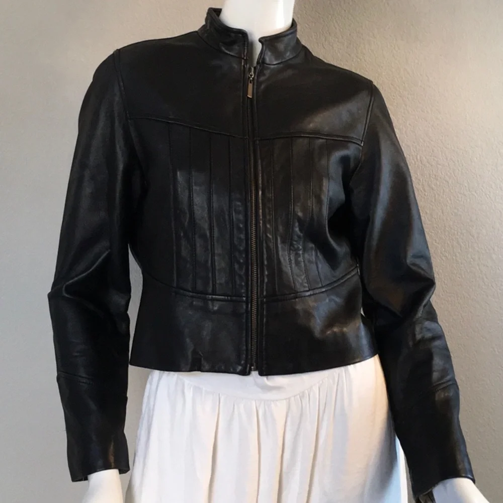 Black Leather Zip-Front Women's Jacket - Picture 3 of 7